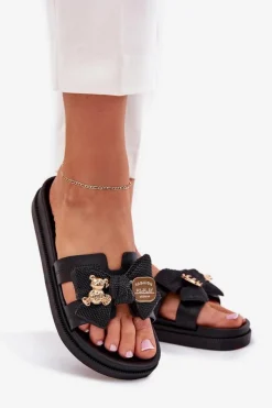 Boto Klapki Damskie Z Kokardą I Złotą Broszką Czarne Lynara Czarny