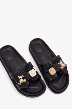 Boto Klapki Damskie Z Kokardą I Złotą Broszką Czarne Lynara Czarny