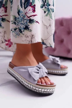 Sale Klapki Damskie Z Kokardami Gruba Podeszwa Szare Milady Damskie Klapki Damskie Klasyczne