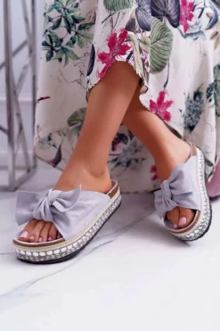 Sale Klapki Damskie Z Kokardami Gruba Podeszwa Szare Milady Damskie Klapki Damskie Klasyczne