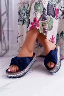 Best Klapki Damskie Z Kokardami Gruba Podeszwa Granatowe Milady Damskie Klapki Damskie Klasyczne