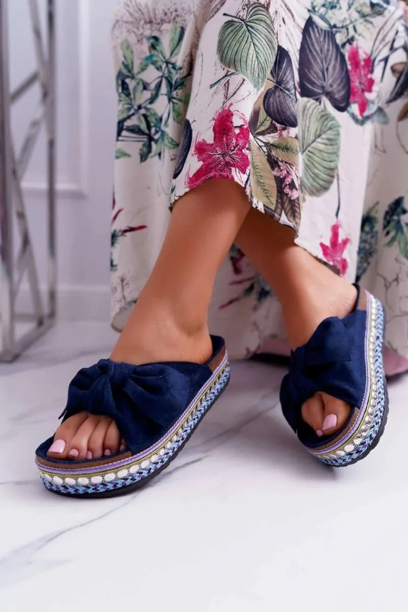 Best Klapki Damskie Z Kokardami Gruba Podeszwa Granatowe Milady Damskie Klapki Damskie Klasyczne