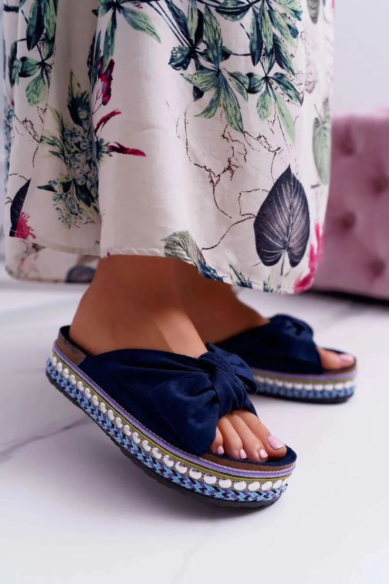 Best Klapki Damskie Z Kokardami Gruba Podeszwa Granatowe Milady Damskie Klapki Damskie Klasyczne