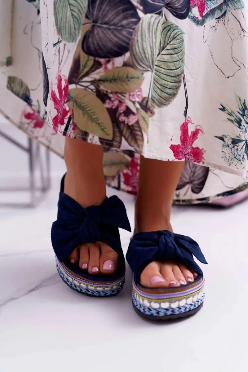 Best Klapki Damskie Z Kokardami Gruba Podeszwa Granatowe Milady Damskie Klapki Damskie Klasyczne