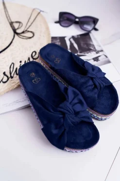 Best Klapki Damskie Z Kokardami Gruba Podeszwa Granatowe Milady Damskie Klapki Damskie Klasyczne