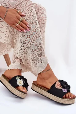 Klapki Na Platformie|Klapki Damskie Klasyczne>Boto Klapki Damskie Z Kwiatami Platforma Z Plecionką Czarne Zenvanis Czarny