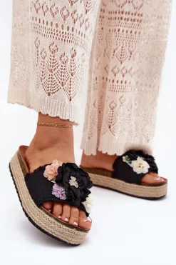 Klapki Na Platformie|Klapki Damskie Klasyczne>Boto Klapki Damskie Z Kwiatami Platforma Z Plecionką Czarne Zenvanis Czarny