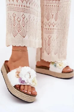 Discount Boto Klapki Damskie Z Kwiatami Platforma Z Plecionką Białe Zenvanis Biały