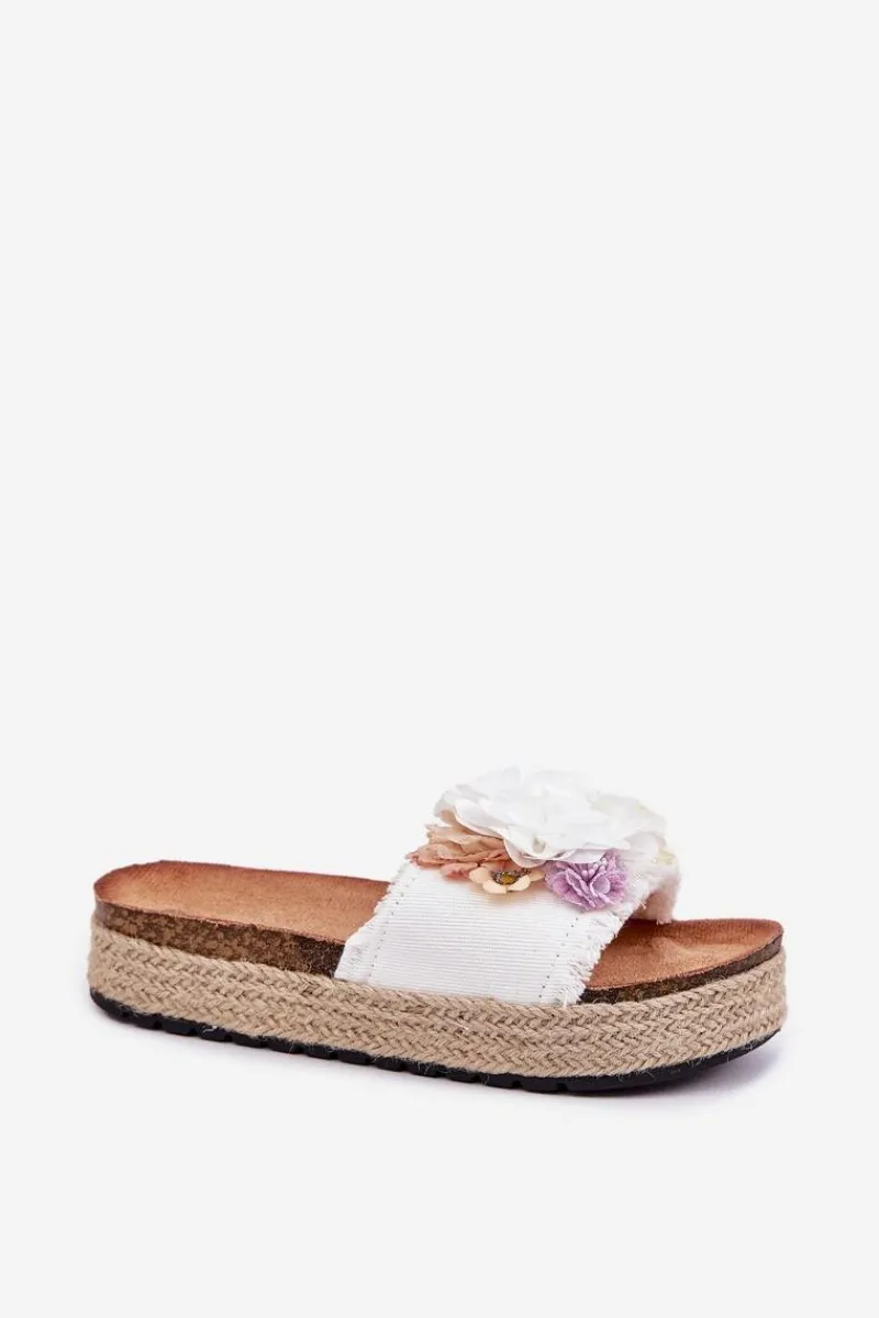 Discount Boto Klapki Damskie Z Kwiatami Platforma Z Plecionką Białe Zenvanis Biały