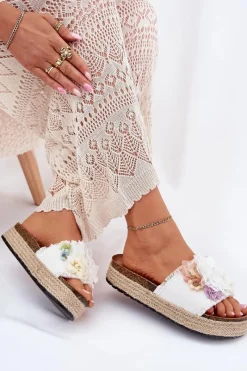 Discount Boto Klapki Damskie Z Kwiatami Platforma Z Plecionką Białe Zenvanis Biały