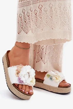 Discount Boto Klapki Damskie Z Kwiatami Platforma Z Plecionką Białe Zenvanis Biały