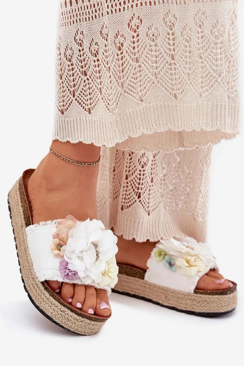 Discount Boto Klapki Damskie Z Kwiatami Platforma Z Plecionką Białe Zenvanis Biały