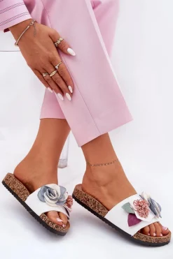 Clearance Klapki Damskie Z Kwiatkami Na Korkowej Platformie Białe Zinrosa Damskie Klapki Korkowe|Klapki Na Platformie