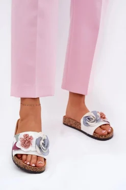 Clearance Klapki Damskie Z Kwiatkami Na Korkowej Platformie Białe Zinrosa Damskie Klapki Korkowe|Klapki Na Platformie