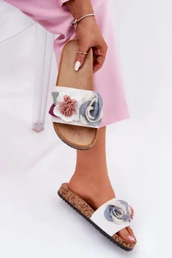 Clearance Klapki Damskie Z Kwiatkami Na Korkowej Platformie Białe Zinrosa Damskie Klapki Korkowe|Klapki Na Platformie