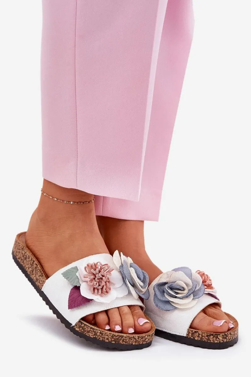 Clearance Klapki Damskie Z Kwiatkami Na Korkowej Platformie Białe Zinrosa Damskie Klapki Korkowe|Klapki Na Platformie