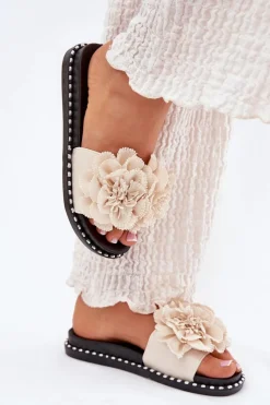 Best Boto Klapki Damskie Z Materiałowymi Kwiatami Beżowe Elachase