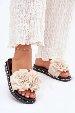 Best Boto Klapki Damskie Z Materiałowymi Kwiatami Beżowe Elachase