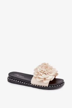 Best Boto Klapki Damskie Z Materiałowymi Kwiatami Beżowe Elachase