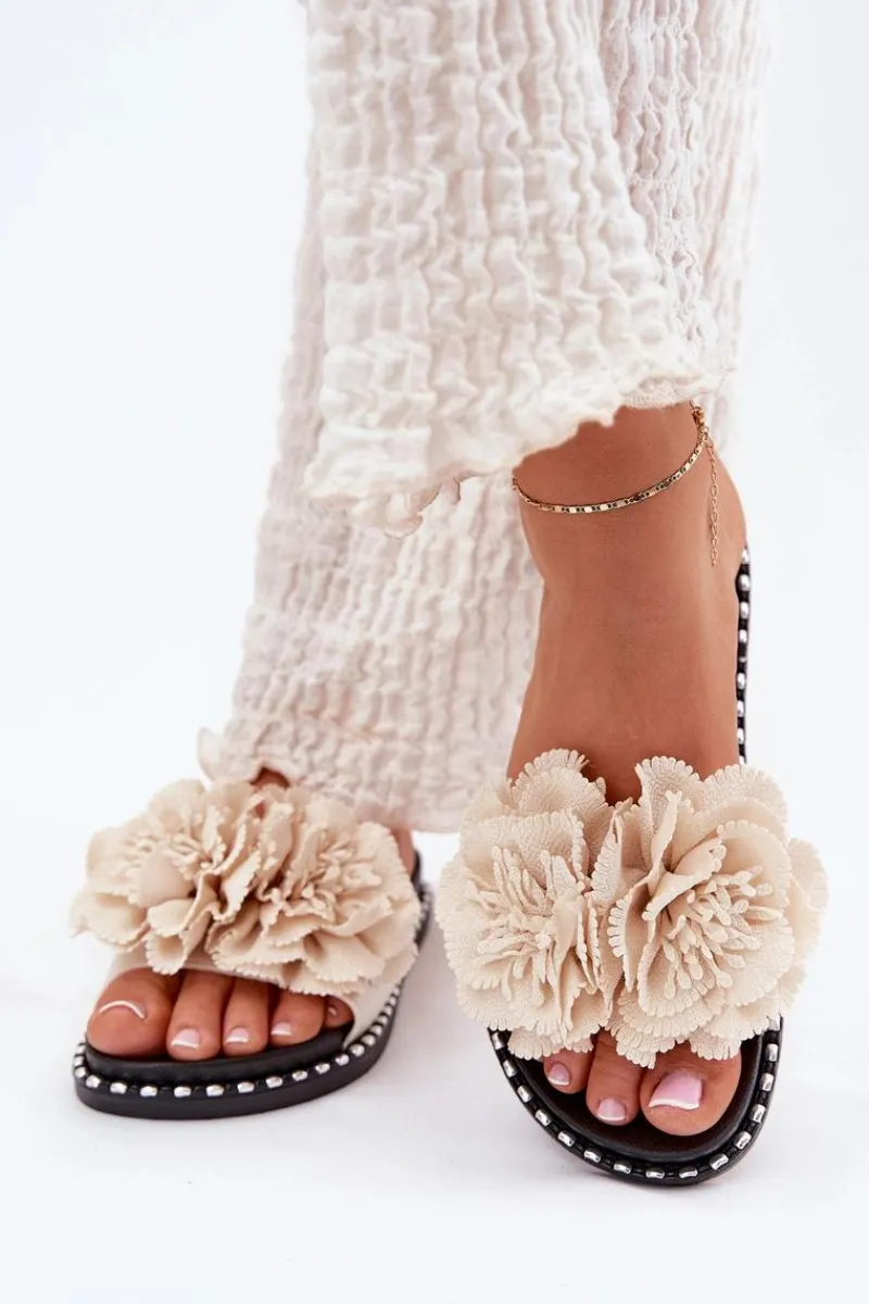 Best Boto Klapki Damskie Z Materiałowymi Kwiatami Beżowe Elachase