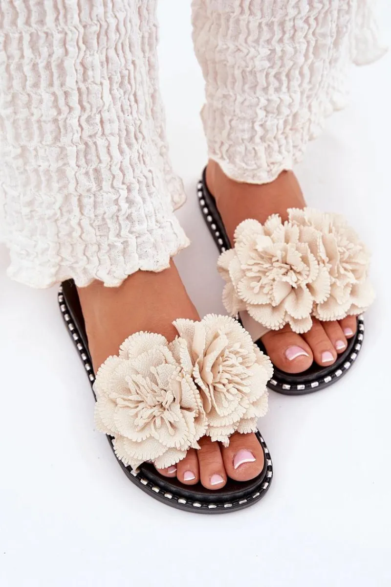 Best Boto Klapki Damskie Z Materiałowymi Kwiatami Beżowe Elachase