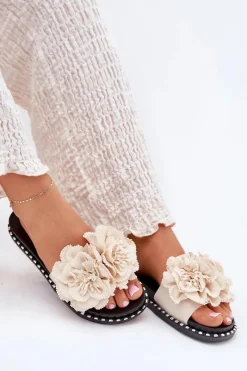 Best Boto Klapki Damskie Z Materiałowymi Kwiatami Beżowe Elachase