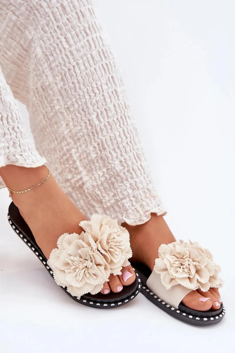 Best Boto Klapki Damskie Z Materiałowymi Kwiatami Beżowe Elachase