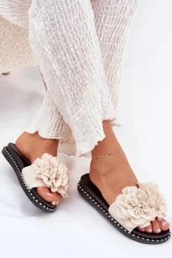 Best Boto Klapki Damskie Z Materiałowymi Kwiatami Beżowe Elachase