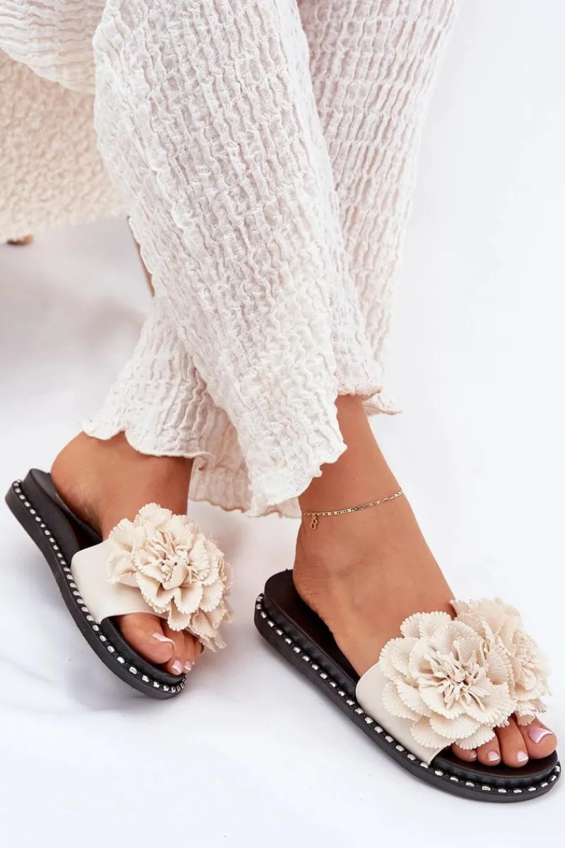 Best Boto Klapki Damskie Z Materiałowymi Kwiatami Beżowe Elachase