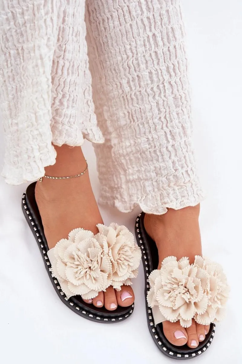 Best Boto Klapki Damskie Z Materiałowymi Kwiatami Beżowe Elachase