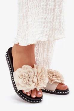 Best Boto Klapki Damskie Z Materiałowymi Kwiatami Beżowe Elachase