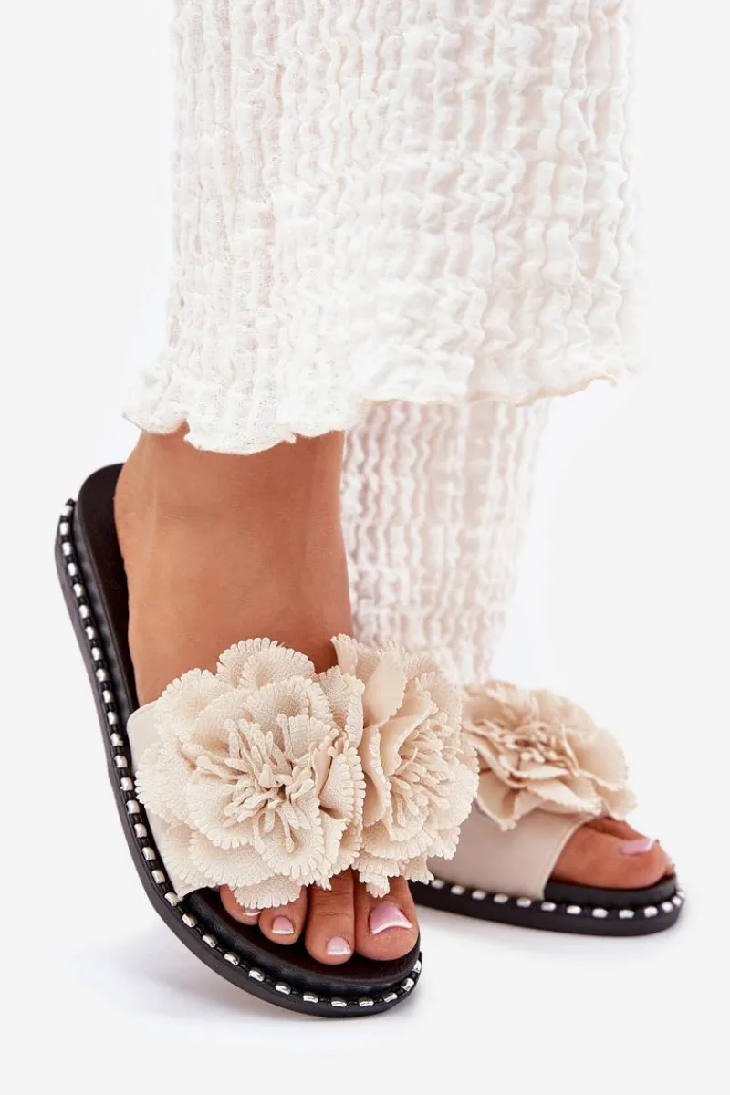 Best Boto Klapki Damskie Z Materiałowymi Kwiatami Beżowe Elachase