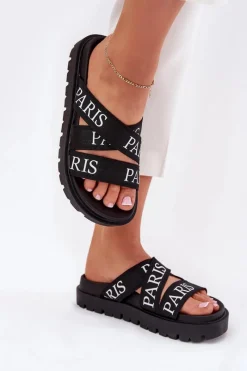 Klapki Damskie Z Materiałowymi Paskami Paris Na Platformie Czarne Celinea Damskie Klapki Na Platformie|Klapki Damskie Klasyczne