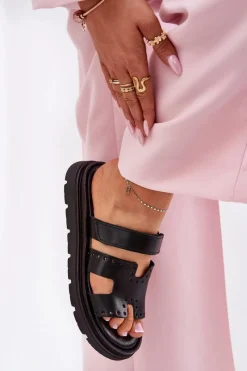 Zazoo Klapki Damskie Z Naturalnej Skóry Na Platformie 40440 Czarne Czarny