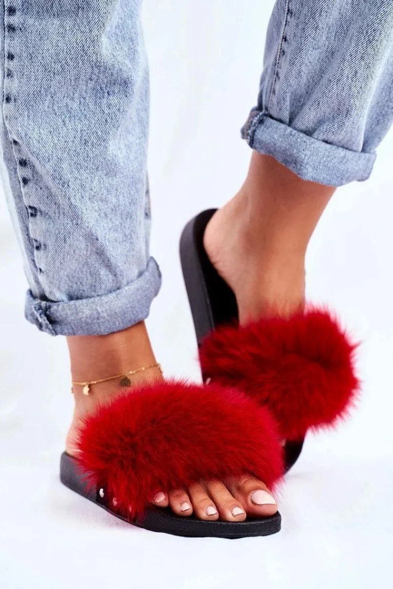 Outlet Klapki Damskie z Naturalnym Futerkiem Czerwone Bushido Damskie Klapki Z Futerkiem|Klapki Damskie Klasyczne