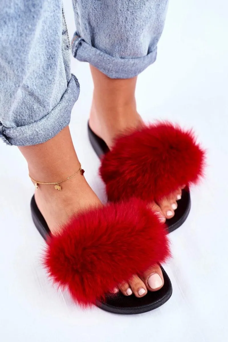 Outlet Klapki Damskie z Naturalnym Futerkiem Czerwone Bushido Damskie Klapki Z Futerkiem|Klapki Damskie Klasyczne