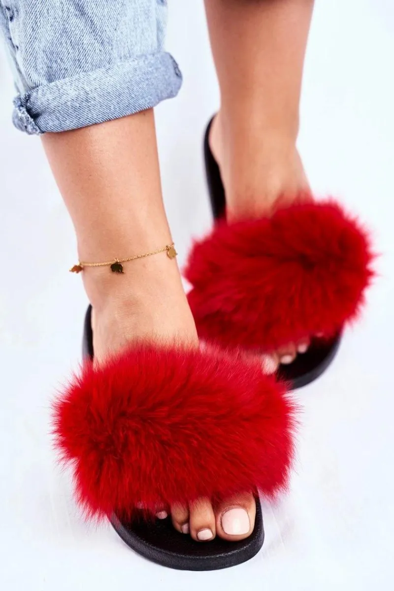 Outlet Klapki Damskie z Naturalnym Futerkiem Czerwone Bushido Damskie Klapki Z Futerkiem|Klapki Damskie Klasyczne