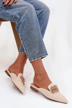 Hot Klapki Damskie Z Ozdobą Beżowe Katrine Damskie Klapki Na Obcasie|Klapki Damskie Klasyczne