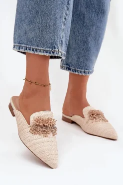 Hot Klapki Damskie Z Ozdobą Beżowe Katrine Damskie Klapki Na Obcasie|Klapki Damskie Klasyczne