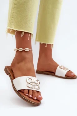 Sale Klapki Damskie Z Ozdobą Eko Skórzane Na Płaskim Obcasie Białe Sadria Damskie Klapki Damskie Klasyczne