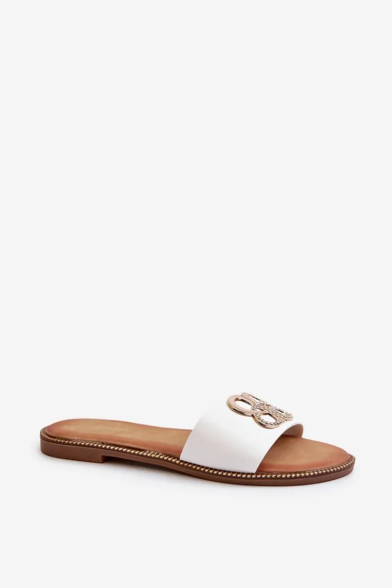 Sale Klapki Damskie Z Ozdobą Eko Skórzane Na Płaskim Obcasie Białe Sadria Damskie Klapki Damskie Klasyczne