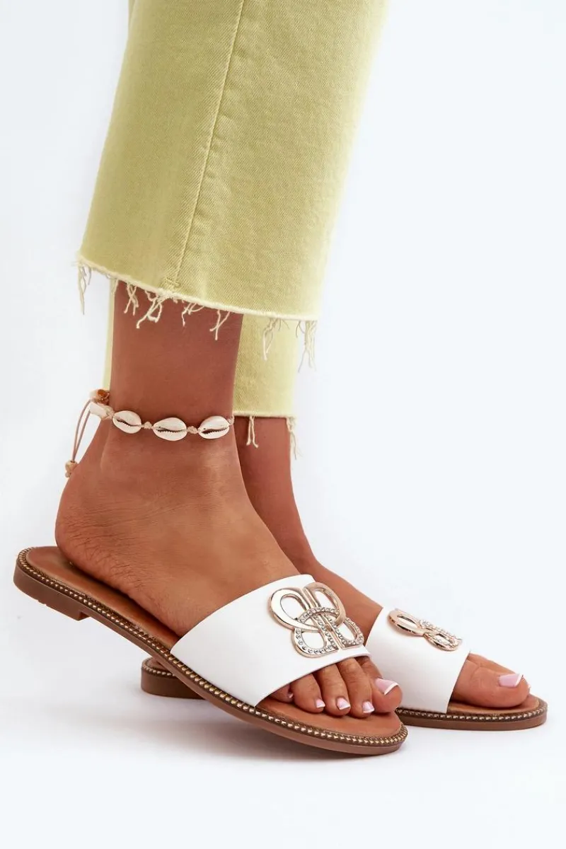 Sale Klapki Damskie Z Ozdobą Eko Skórzane Na Płaskim Obcasie Białe Sadria Damskie Klapki Damskie Klasyczne