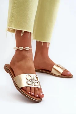 Sale Klapki Damskie Z Ozdobą Eko Skórzane Na Płaskim Obcasie Złote Sadria Damskie Klapki Damskie Klasyczne