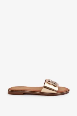 Sale Klapki Damskie Z Ozdobą Eko Skórzane Na Płaskim Obcasie Złote Sadria Damskie Klapki Damskie Klasyczne