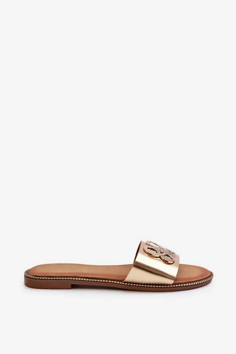 Sale Klapki Damskie Z Ozdobą Eko Skórzane Na Płaskim Obcasie Złote Sadria Damskie Klapki Damskie Klasyczne