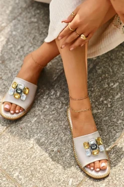 Outlet Klapki Damskie Z Ozdobami S.Barski KV27-031 Beżowe Damskie Klapki Damskie Klasyczne