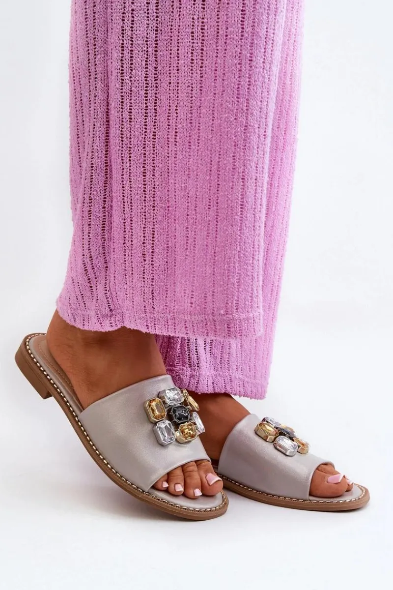 Outlet Klapki Damskie Z Ozdobami S.Barski KV27-031 Beżowe Damskie Klapki Damskie Klasyczne