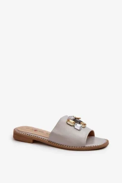 Outlet Klapki Damskie Z Ozdobami S.Barski KV27-031 Beżowe Damskie Klapki Damskie Klasyczne