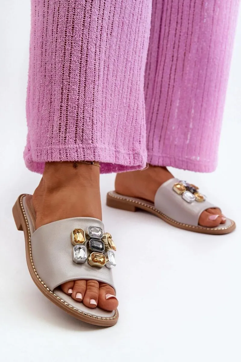 Outlet Klapki Damskie Z Ozdobami S.Barski KV27-031 Beżowe Damskie Klapki Damskie Klasyczne