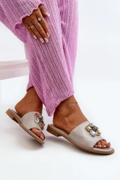 Outlet Klapki Damskie Z Ozdobami S.Barski KV27-031 Beżowe Damskie Klapki Damskie Klasyczne